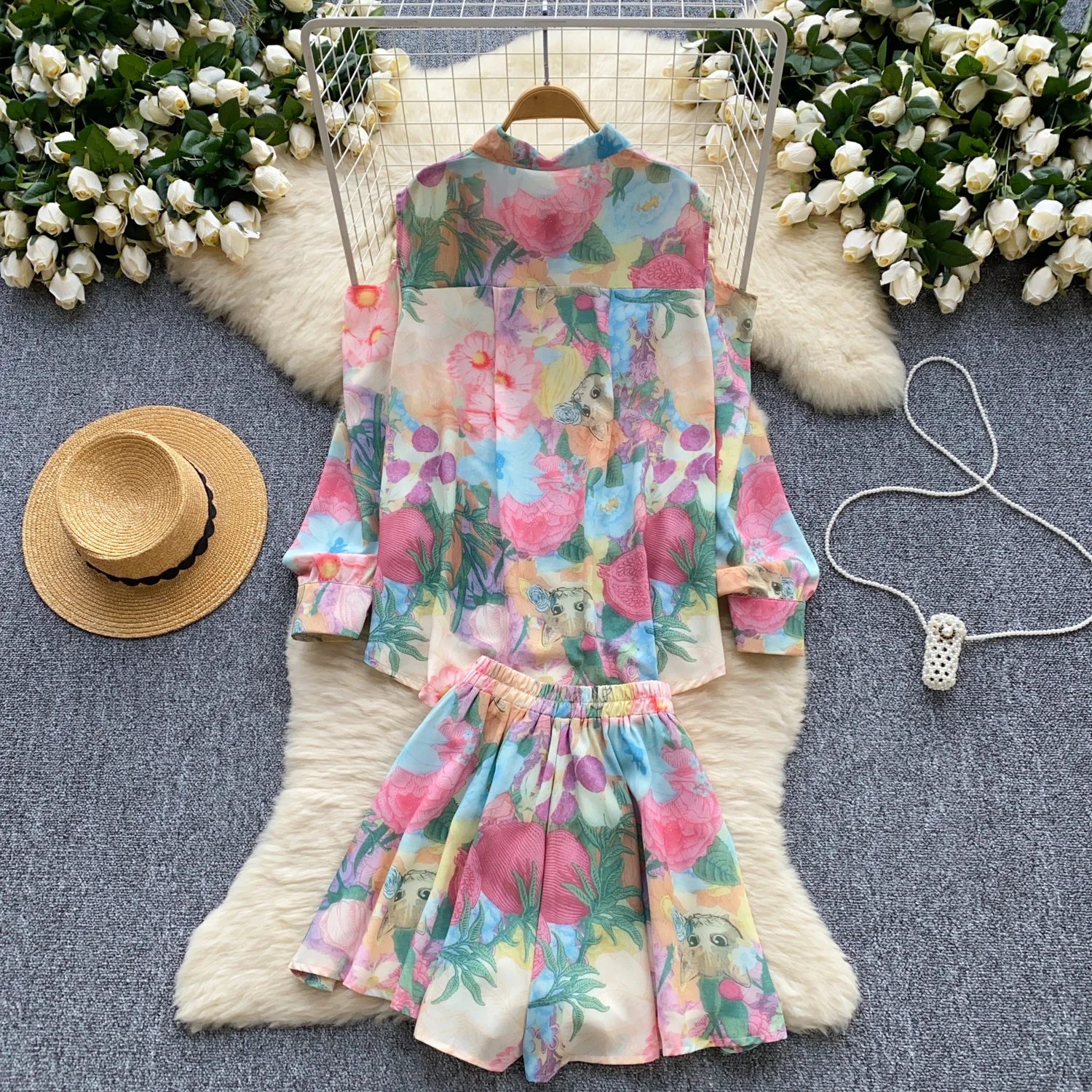 Clothland Women Stylish Print Blouse Shorts Suit Cut Out Long Sleeve Shirt Mini Shorts Summer Chic Two Piece Set TA502