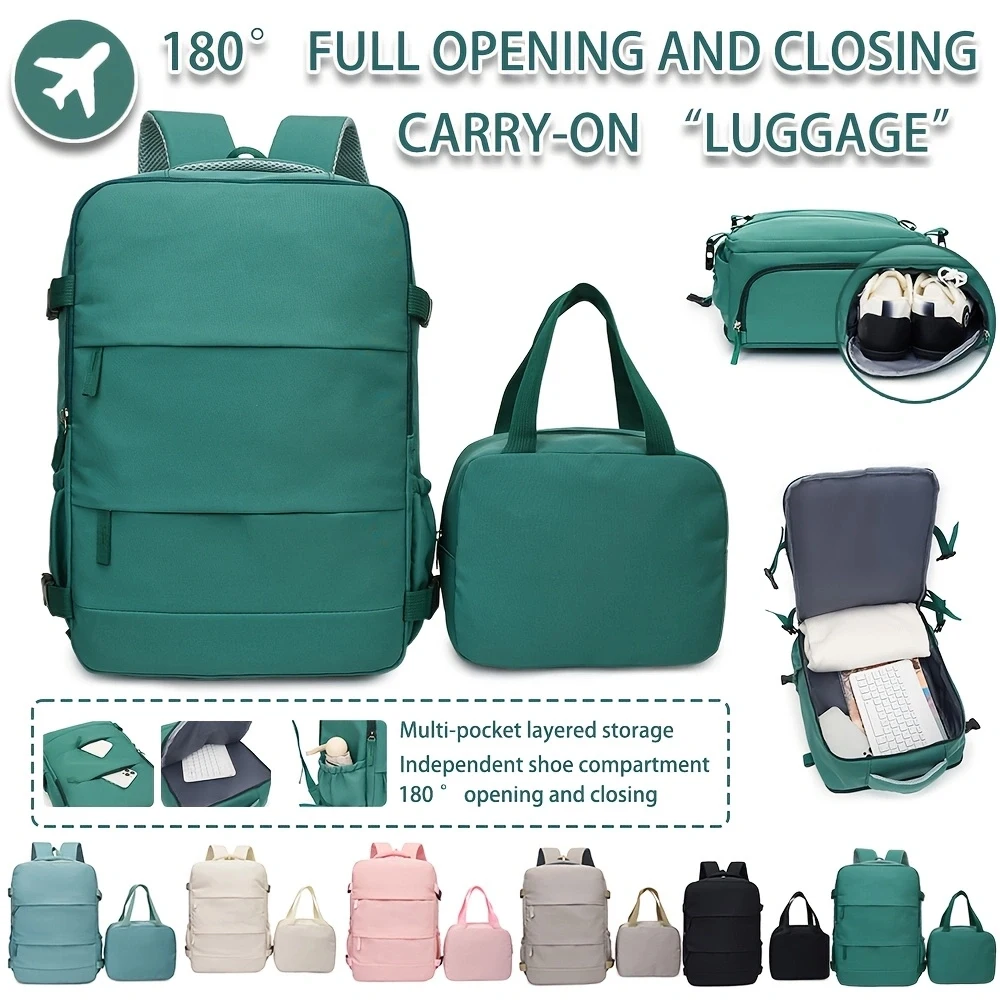 Travel Backpack Set Carry on Rucksack 180 Degree Full Opening Shoe Compartment Matching Hand Bag for Flight Weekend City Trip