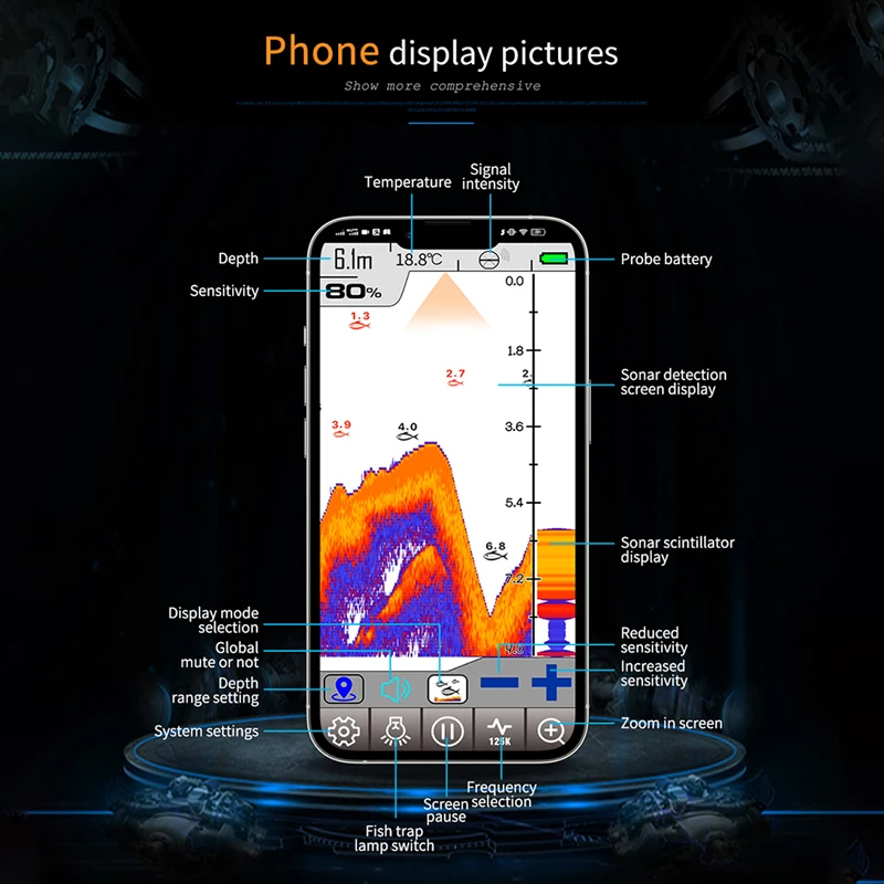 Erchang F68 WiFi صياد السمك مسافة 100 متر عمق 60 متر صيد لاسلكي مناسب لنظام iOS وأندرويد كاشف صدى صيد الأسماك في المحيط