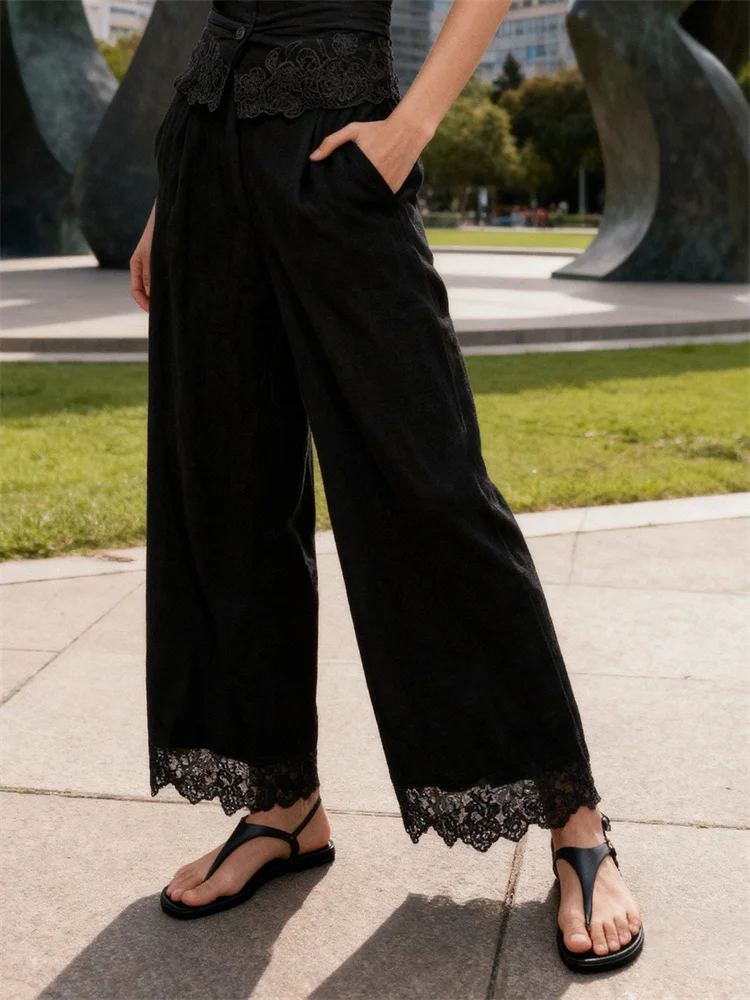 CHRONSTYLE กางเกงสตรีฤดูใบไม้ผลิฤดูใบไม้ร่วงแต่งลูกไม้ลำลองทรงหลวมมีสไตล์สีทึบกางเกงขาตรงเอวกลาง