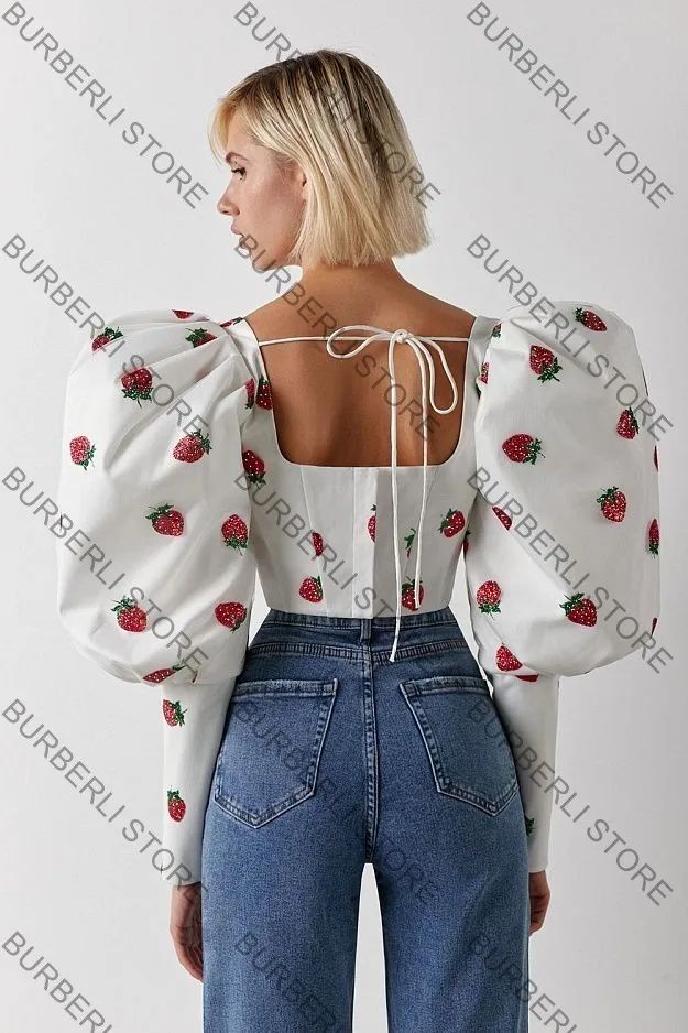 New Fashion Strawberry Embroidery Women Tops Unique Square Collor Tulle Satin Female Blouse Puff Long Sleeves Top Custom Made