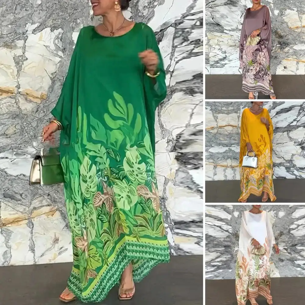 ฤดูใบไม้ร่วงฤดูใบไม้ผลิผู้หญิงชุดขนาดใหญ่ดอกไม้พิมพ์การจับคู่สี Robe ยาวแขนค้างคาวไม่สม่ําเสมอ Hem Pullover Maxi ชุด