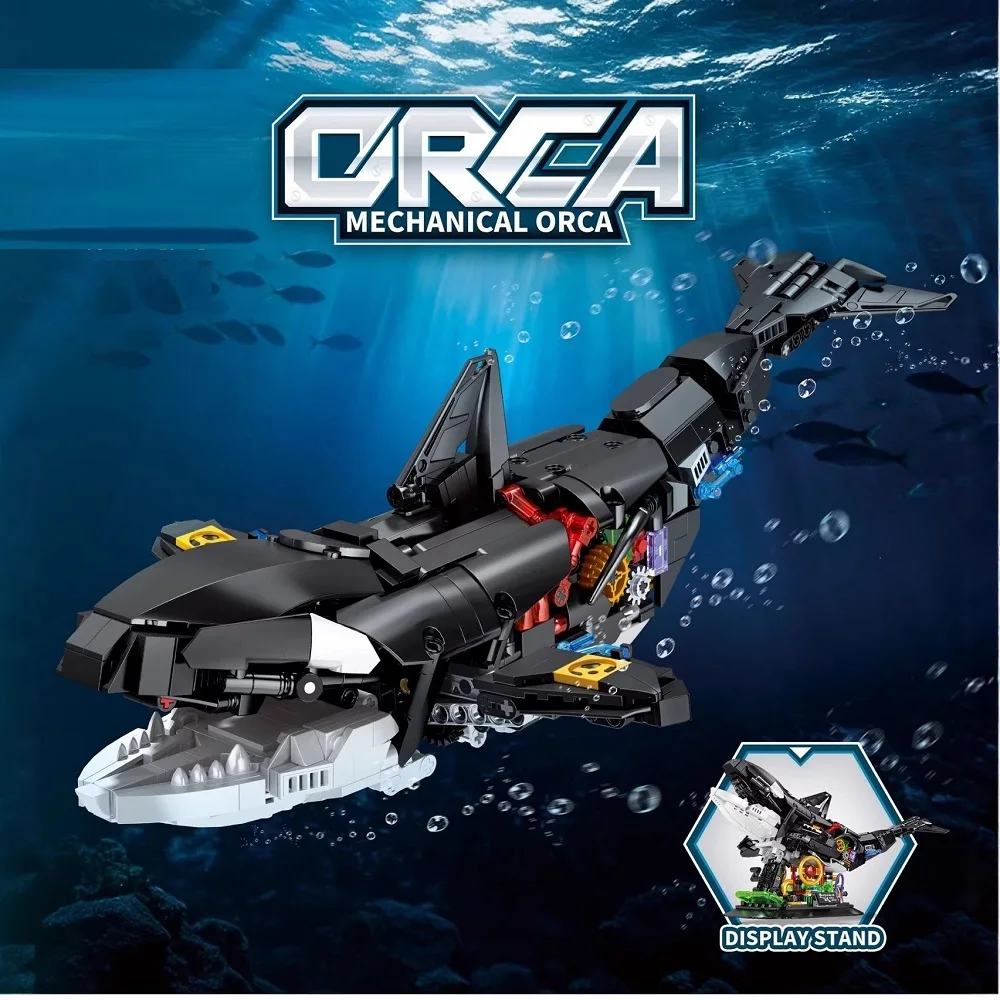 Mechanical Orca Shark Building Blocks Set with Display Stand Building Blocks Killer Whale Sea Animal Model Bricks Toys Gifts