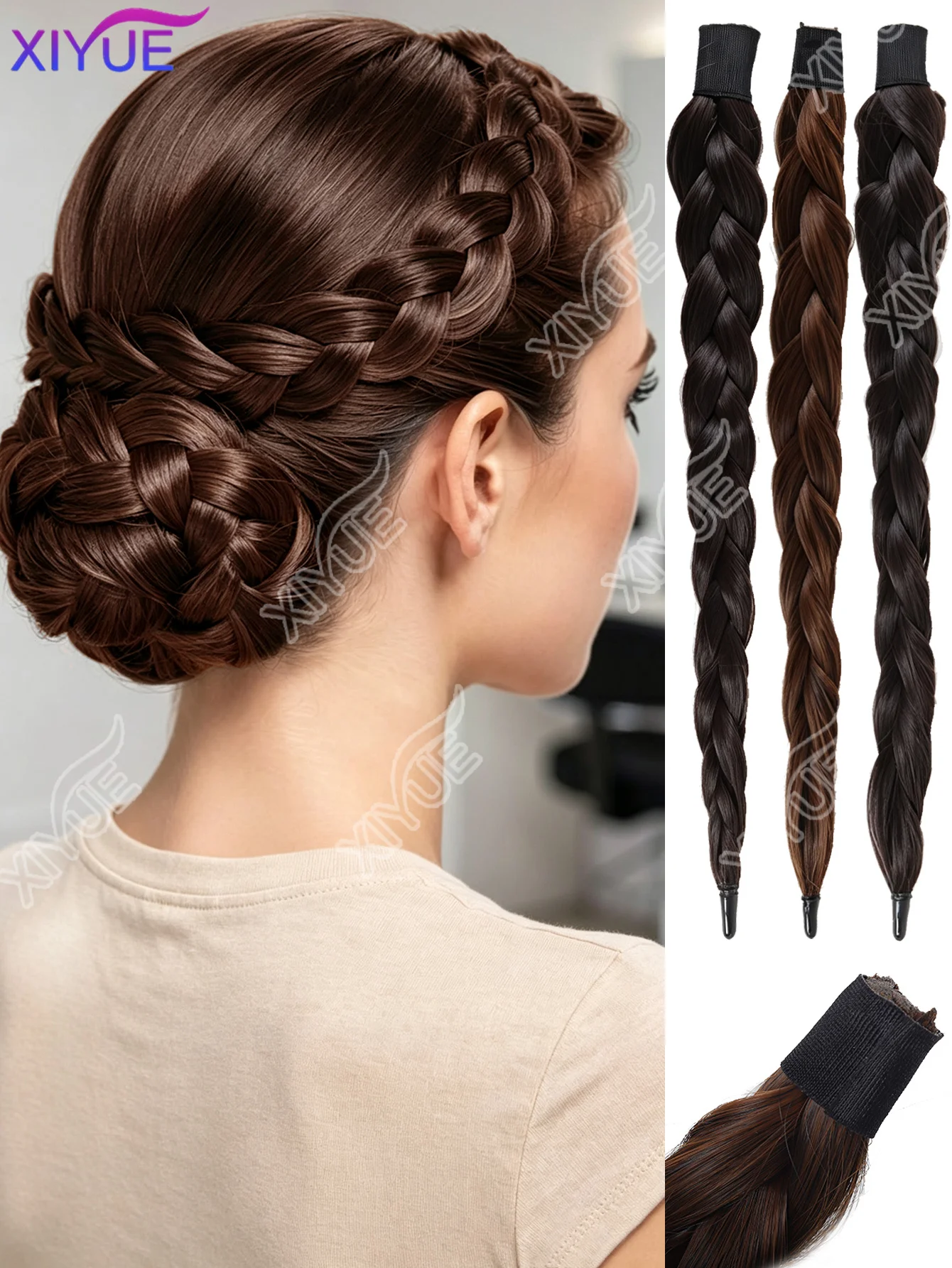 XIYUE Synthetic Braided Hair Stick Hairpiece, Pre-Styled Chunky Braid Wrap Around Hair Bun Maker Invisible Seamless Magic Hair