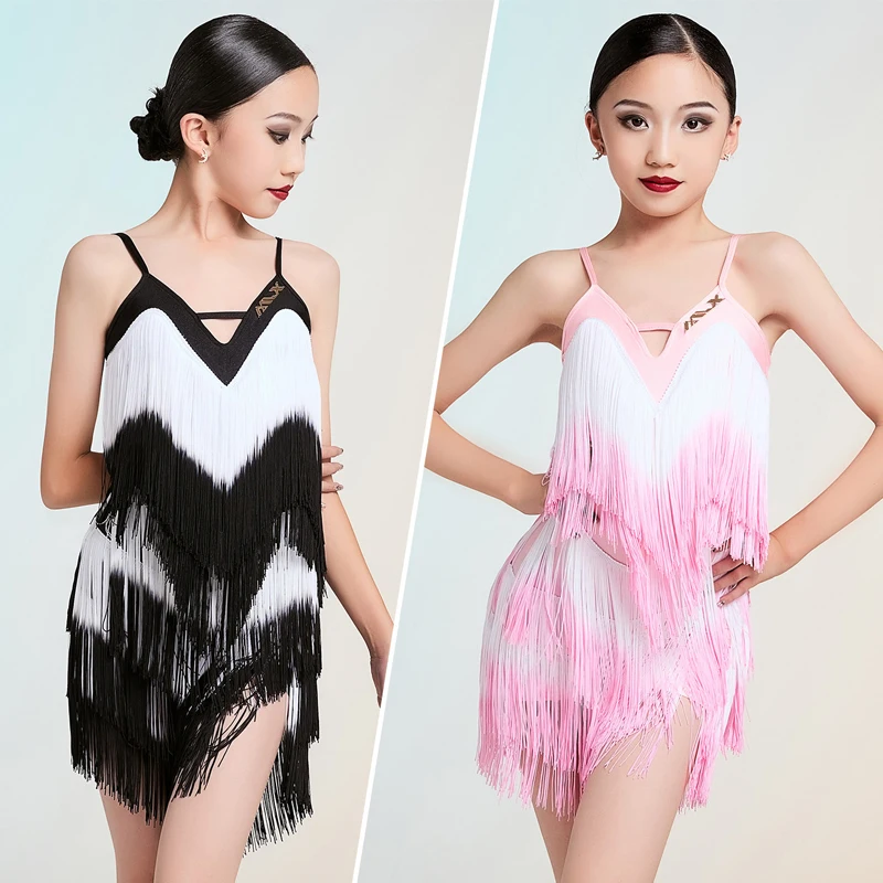 그라데이션 색상 풀 프린지 드레스 소녀 라틴 댄스 전문 드레스 어린이 볼룸 댄스 공연 의상 SL14811