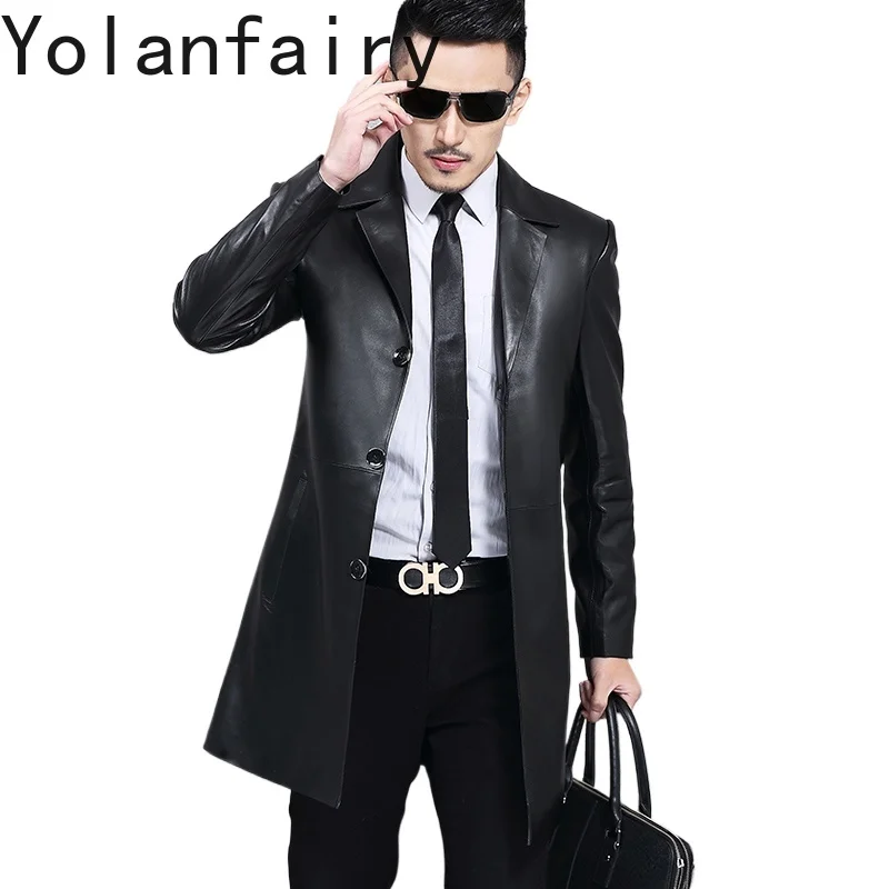 

YOLANFAIRY Куртка из натуральной овчины, мужские весенне-осенние черные плащи средней длины, мужские облегающие куртки из натуральной кожи