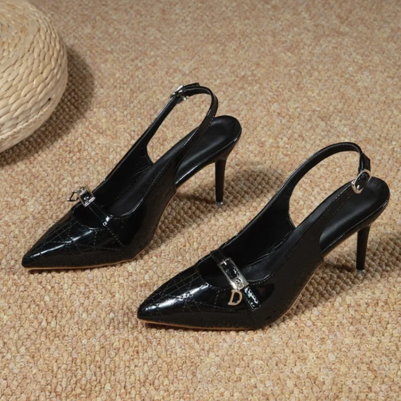 2024  High-heeled Shoes Buckle Shallow Pointed Toe Stiletto Heels with Back Strap Slip-on Sandals Sexy Shiny Leather Shoes