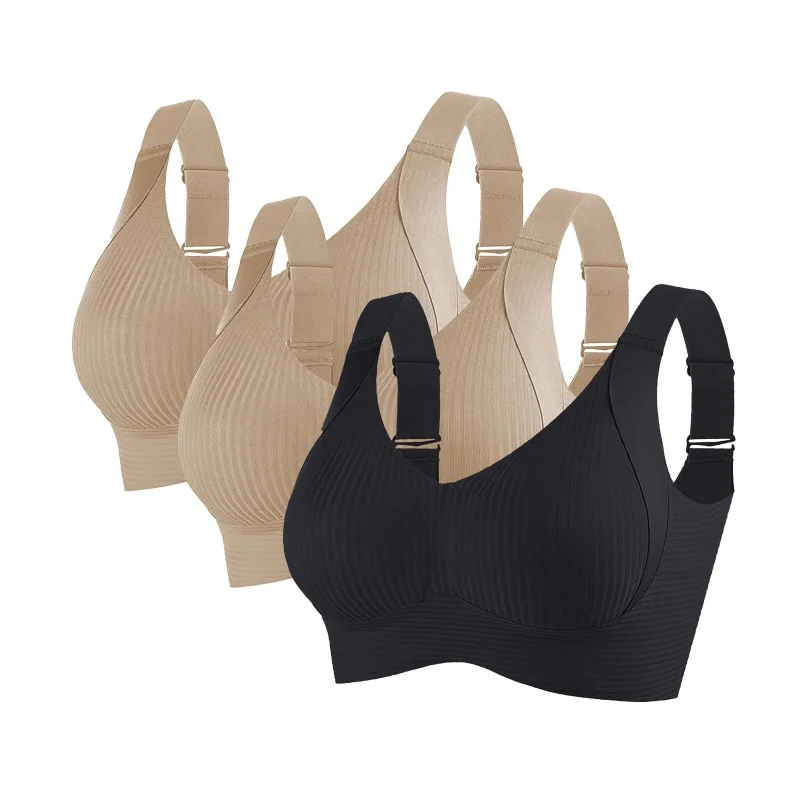 3-teiliges Set Damen Push-Up BH Ohne Bügel Nahtloser BH V-Ausschnitt Gerippter Bralette Übergröße Sexy Dessous M-4XL Intimwäsche