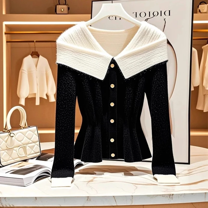 

Women Korean Fashion Contrast Color Patchwork Luxury Chic Cardigan Office Lady Elegant Ruffled Long Sleeve Slim Knitted Sweater