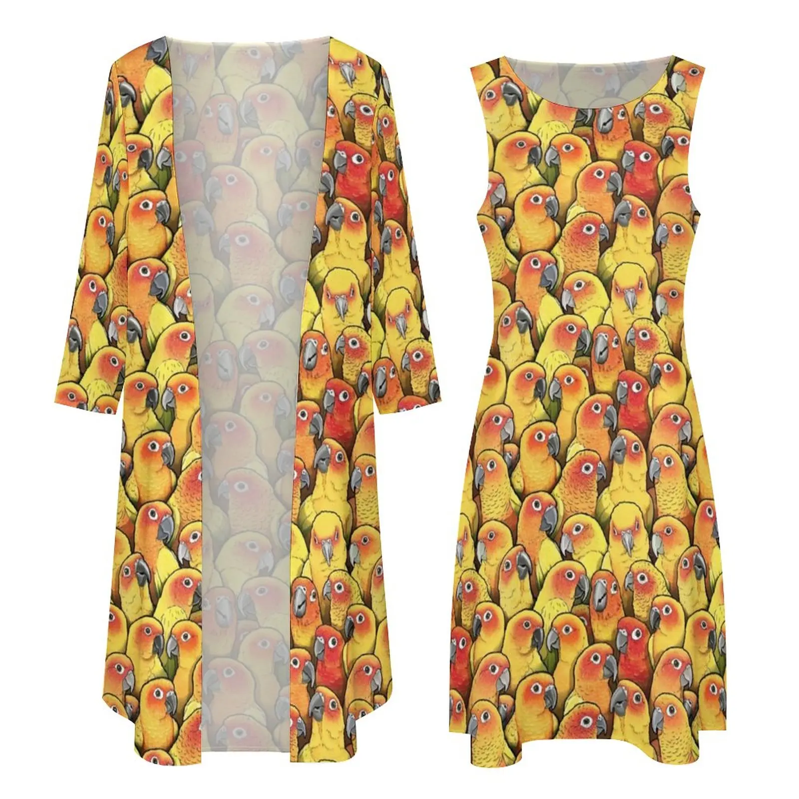 Yellow Parrot Dress Summer Sun Conures Print Aesthetic Boho Beach Long Dresses Women Custom Cute Maxi Dress Large Size