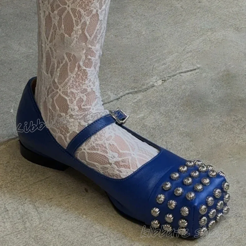 

Rivets Buckle Strap Pumps Leather Solid Color Fashion Comfortable Sexy Elegant Concise Women Shoes Newest Square Toe Flat with