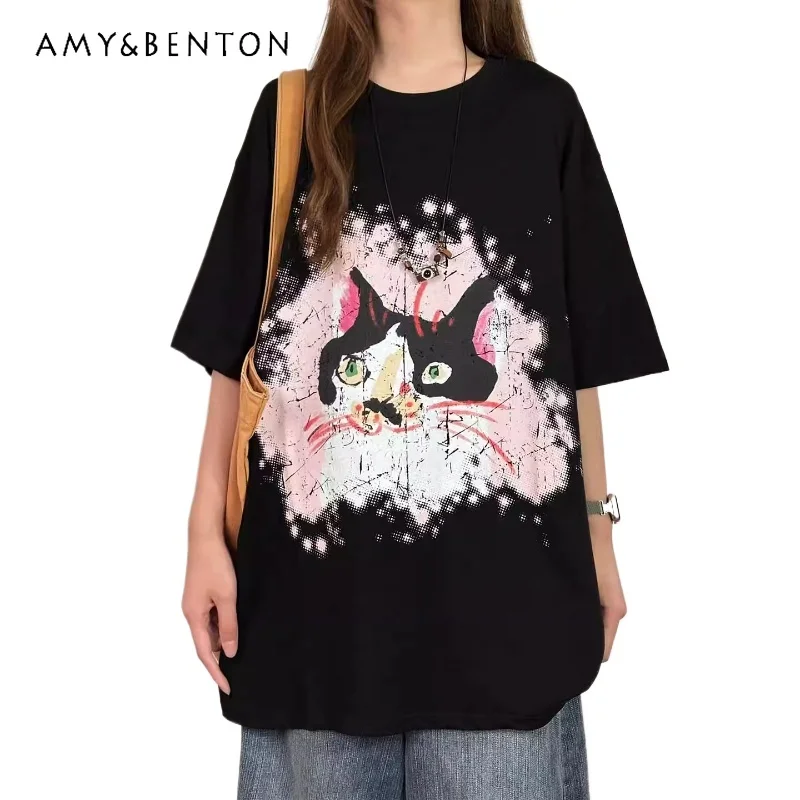 

Original American Cat Print Short-sleeved Y2k T-shirt Women's Summer New Loose Casual Half-sleeved O-neck Top Pullover Clothes