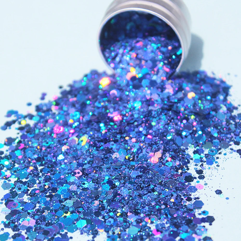 

Aluminum Jar Holographic Chunky Glitter No Glue Attached Total 12g Multi-Shaped for Body Hair Face Nail Art Bedazzling Glitter