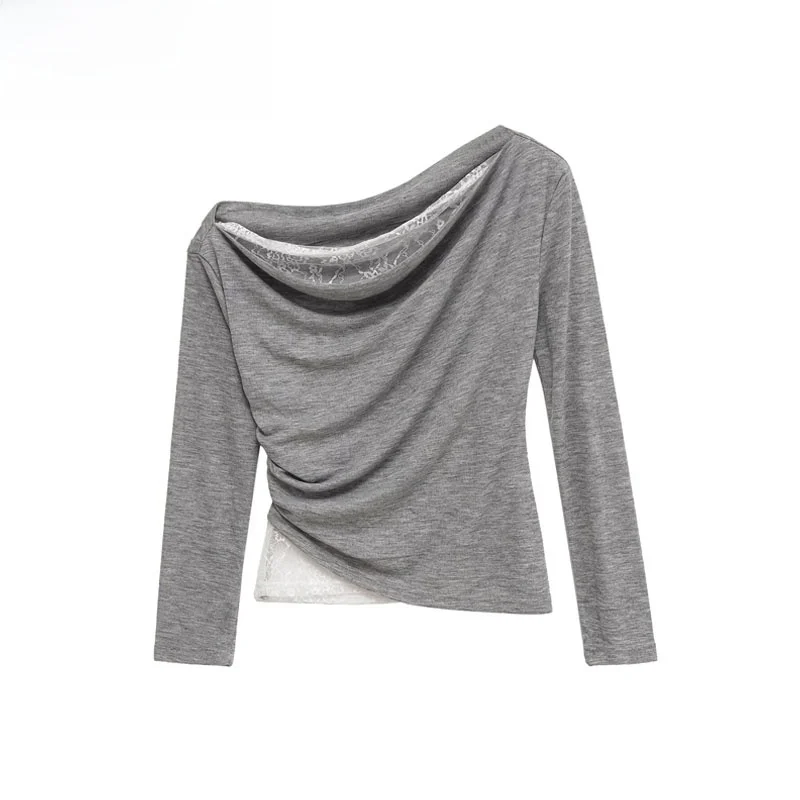 

Осенняя новая женская модная кружевная плиссированная футболка из двух предметов, длинная све, приталенная, из полиэфирного волокна UWJ45059