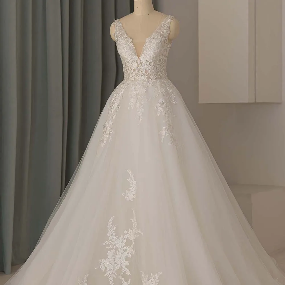 Wholesale Superfine Wedding Dress 2024 Elegant Wedding Ball Gown V-neck Mesh Backless Zipper Vestido De Noiva QW01590