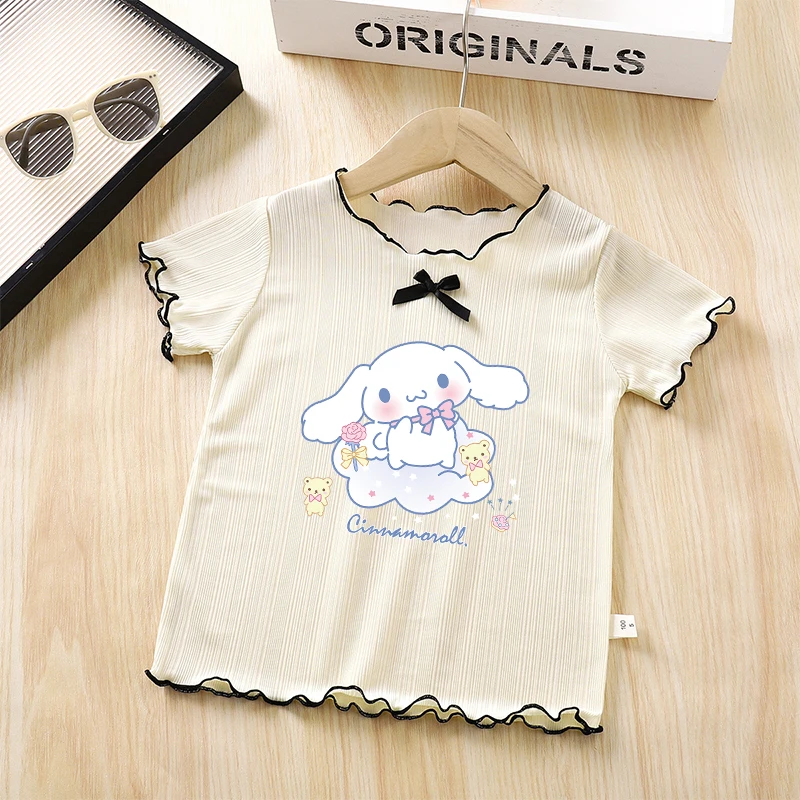 

Детская футболка Sanrio с короткими рукавами, топ из ледяного шелка с принтом Cinnamoroll для мальчиков и девочек, кавайные летние повседневные футболки, подарок на день рождения для детей