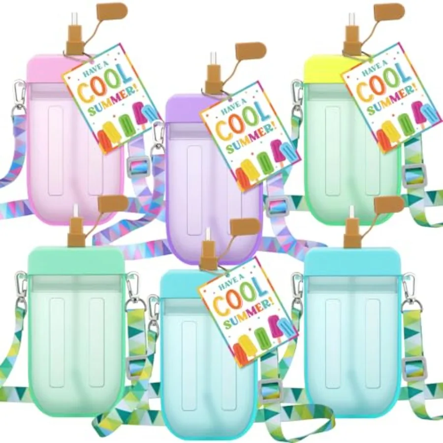 

6 Sets End of Year Student Ice Cream Water Bottle Gifts with Adjustable Straw 300 ml Cute Kawaii Rainbow Ice Cream Shaped Drink