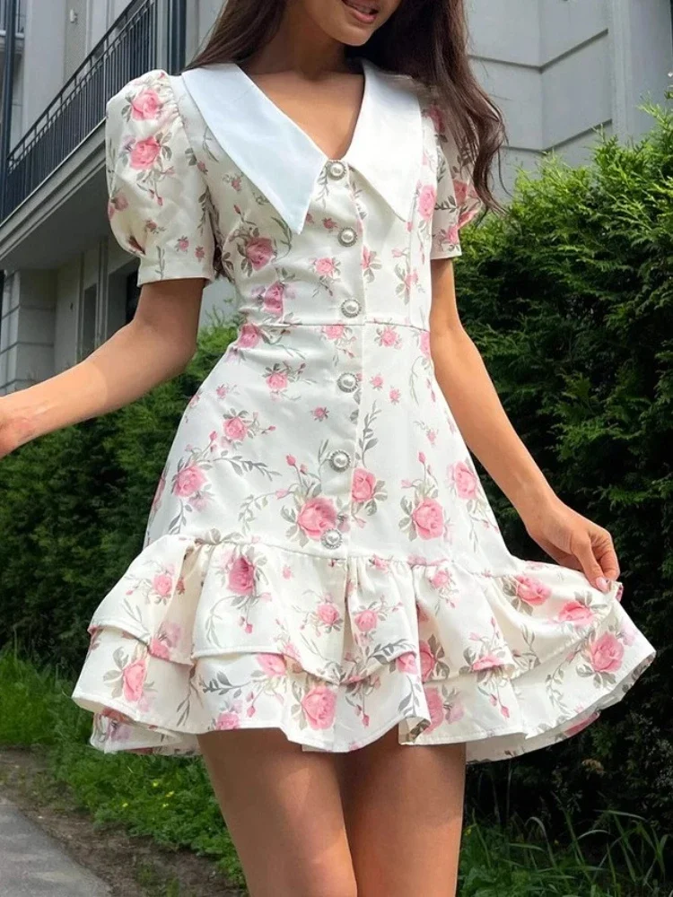 

New in Summer Sweet Floral Printed Ruffle Hem Dress Chic A-line Lapel Puff Sleeve Dresses for Women Lady Holiday Street Gowns
