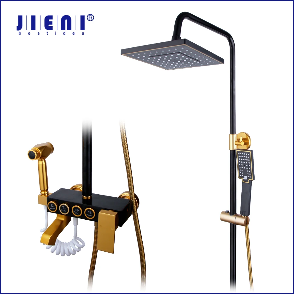 JIENI Black Bathroom Shower Set Wall Mounted Thermostatic Multi-function Shower System Hot & Cold Mixer Bath Faucet Bidet Spray