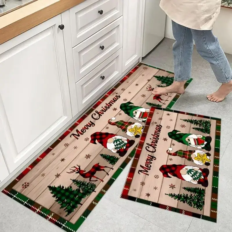 VIKAMA Christmas Flannel Kitchen Mat Gnome Reindeer Xmas Tree Plaid Print Non Slip Rug For Kitchen Floor Dining Decor