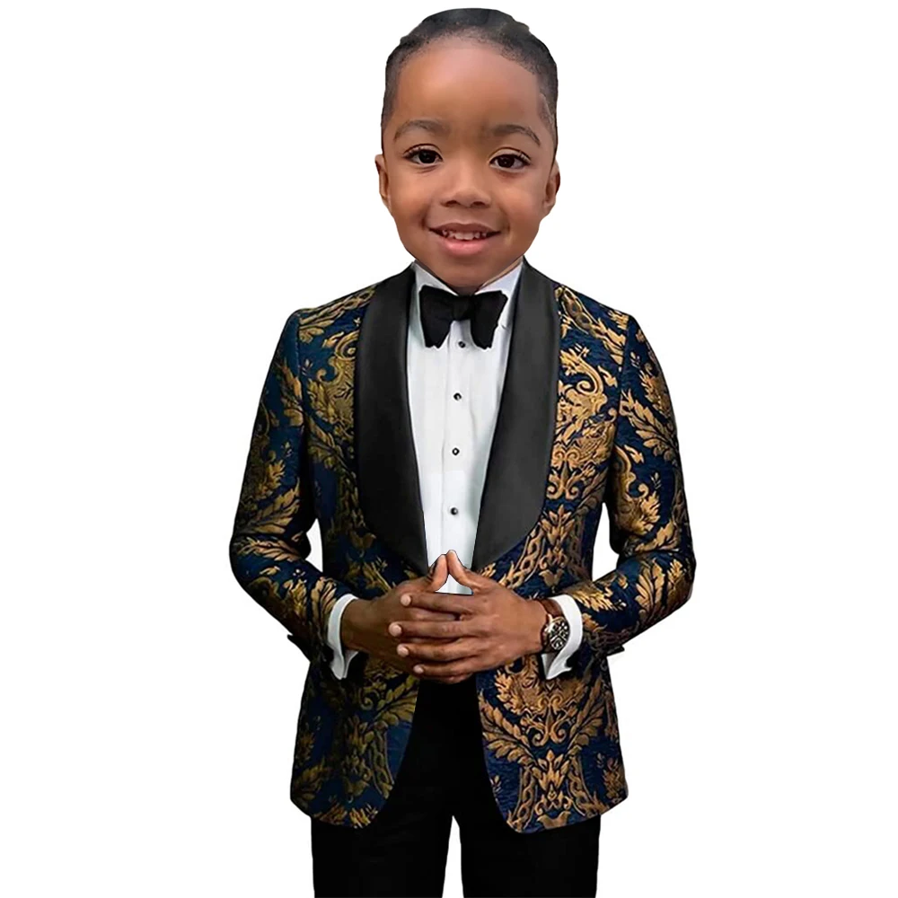 Boy\'s Suit Set 3 Pieces Luxury Gold Paisley Kids Formal Tuxedo Wedding Ring Bearer Prom Outfit Stylish Child Suits Jacket Pants