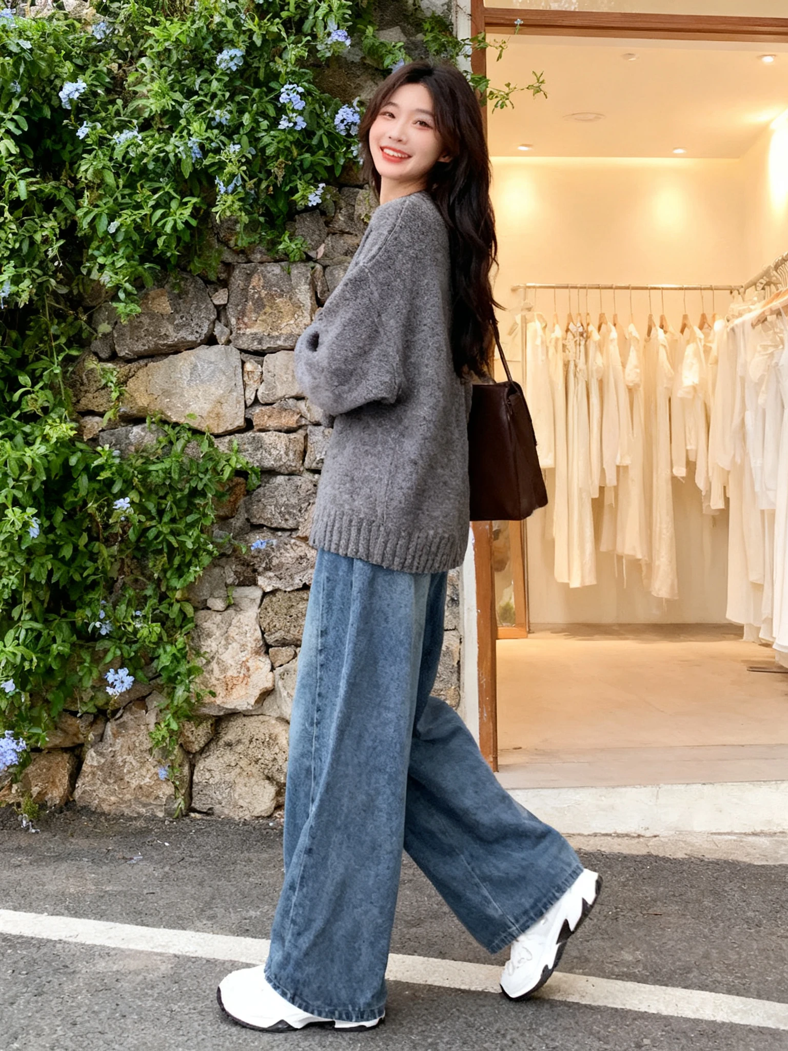 

Women's Autumn Winter Casual Knitted Sweater And Wide Leg Jeans Two Piece Set Vintage Lazy Style Korean Slimming Fashion