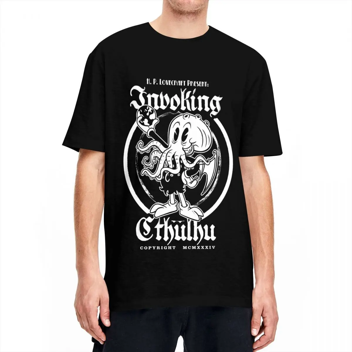 Hip Hop Cute 30s Cthulhu Old Cartoon H.P. Lovecraft T-Shirt Men\'s Cotton Short Sleeve Round Neck Summer Top Tee