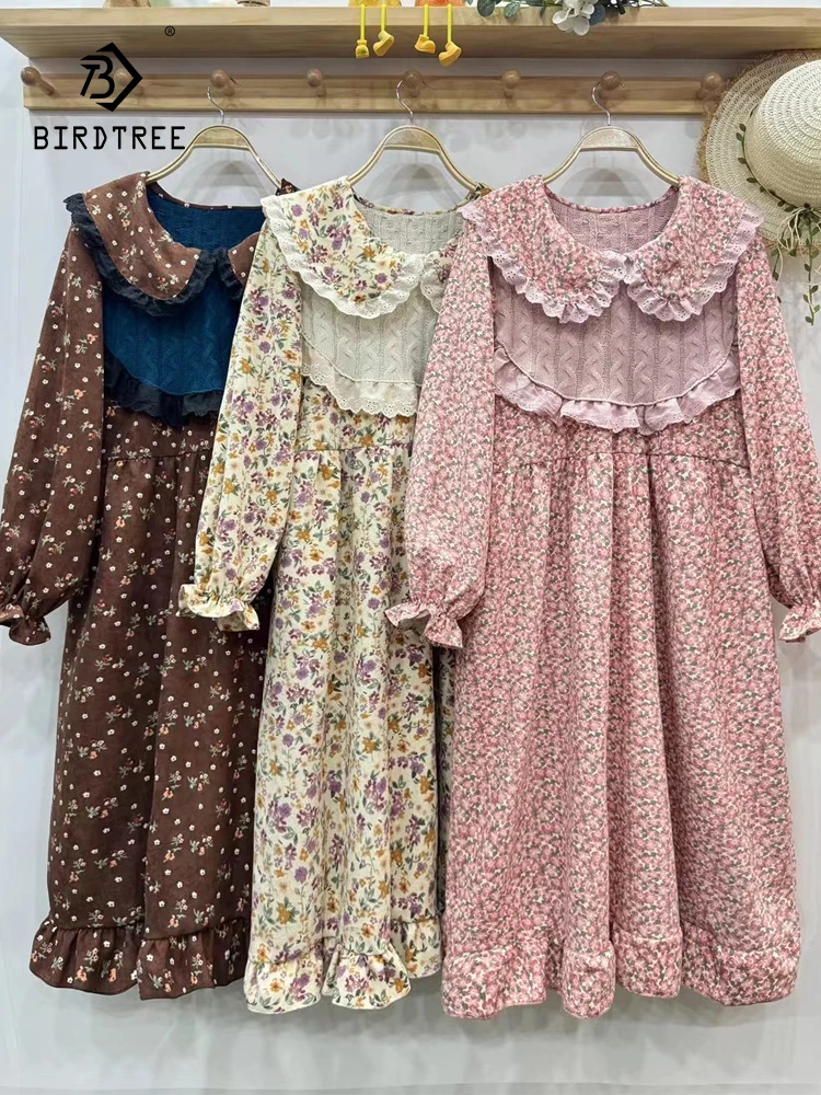 New Autumn Cotton Long Sleeve Corduroy Dresses, Woman Lapel Print, Mori Girl Loose Vintage Sweet Casual Dress, Winter D48803QC