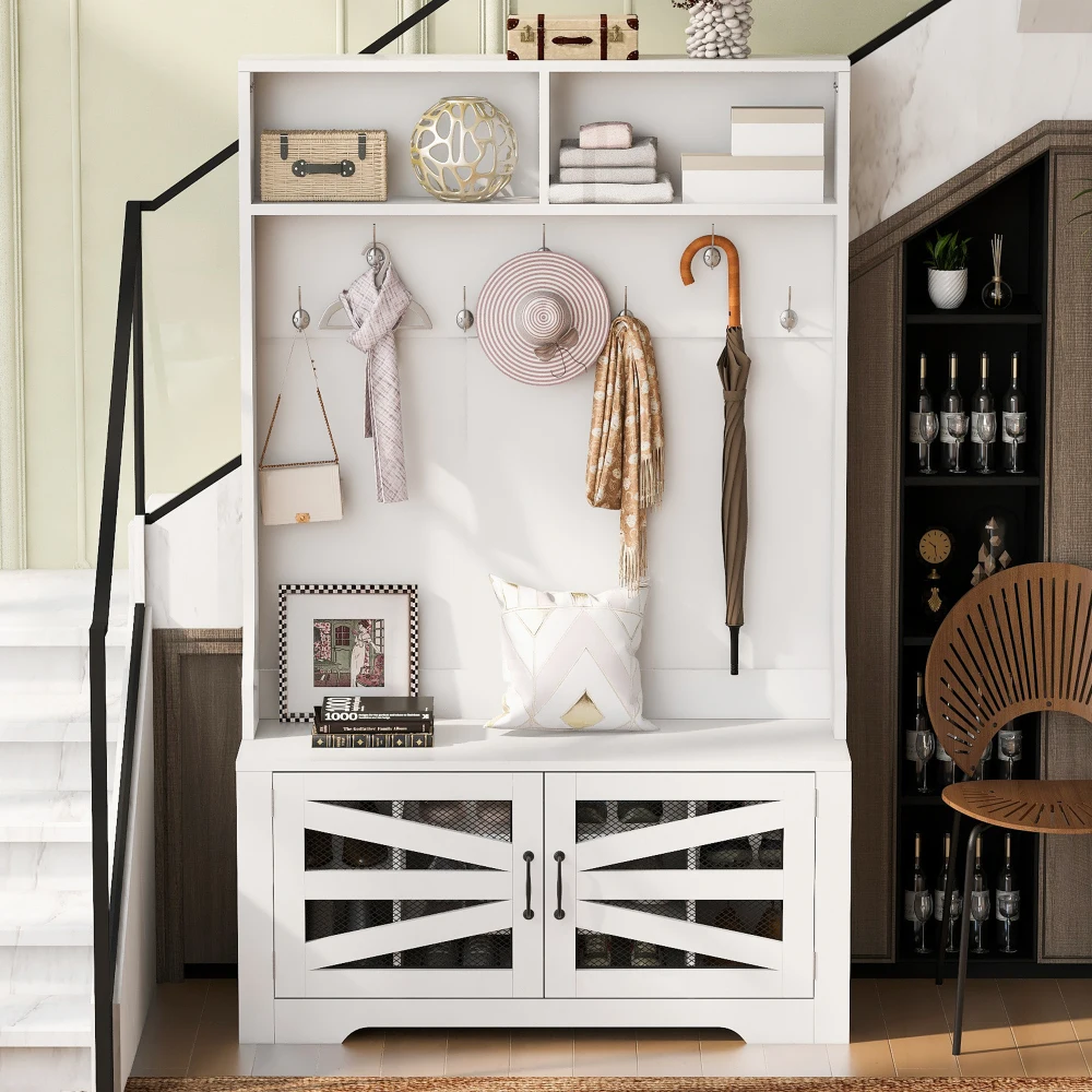 

43.3'' Entryway Bench with Coat Rack, 3-in-1 Design and Adjustable Shelves, Hall Tree with 7 Hooks for Entrance, Living Room