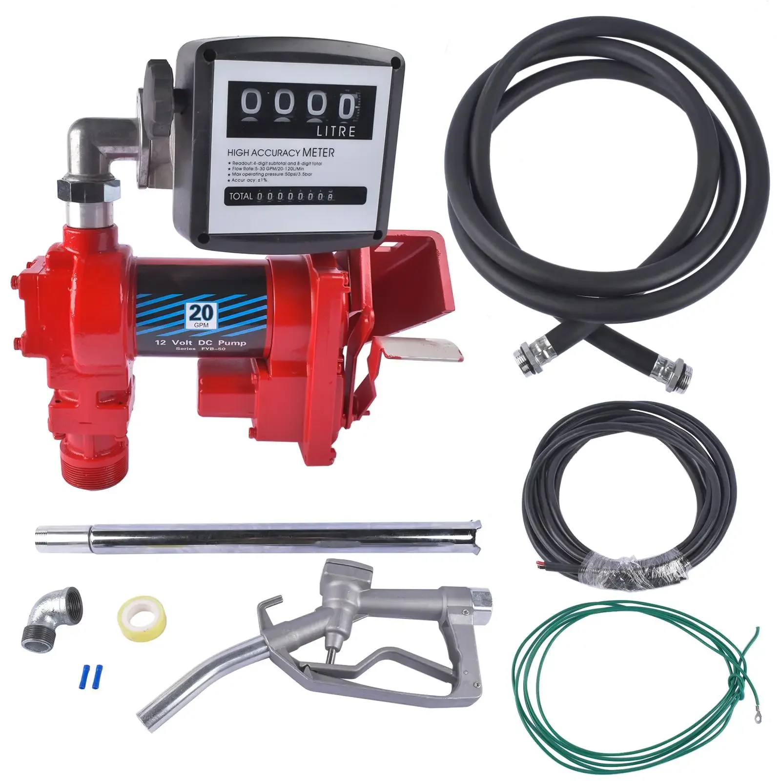 AP03 Red Fuel Transfer Pump 20GPM 12V for Gasoline Diesel + Oil Meter w/Flange Elbow