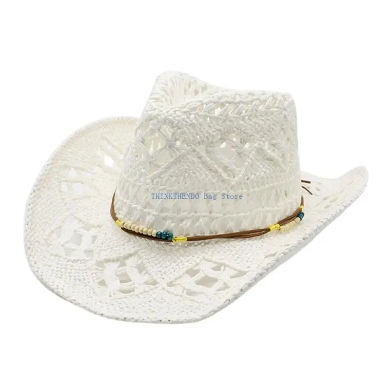 340D Braided Paper Straw Cowboy Hats Wide Brimmed Openwork Weave Beach Hat For Outdoor Multiple Colors