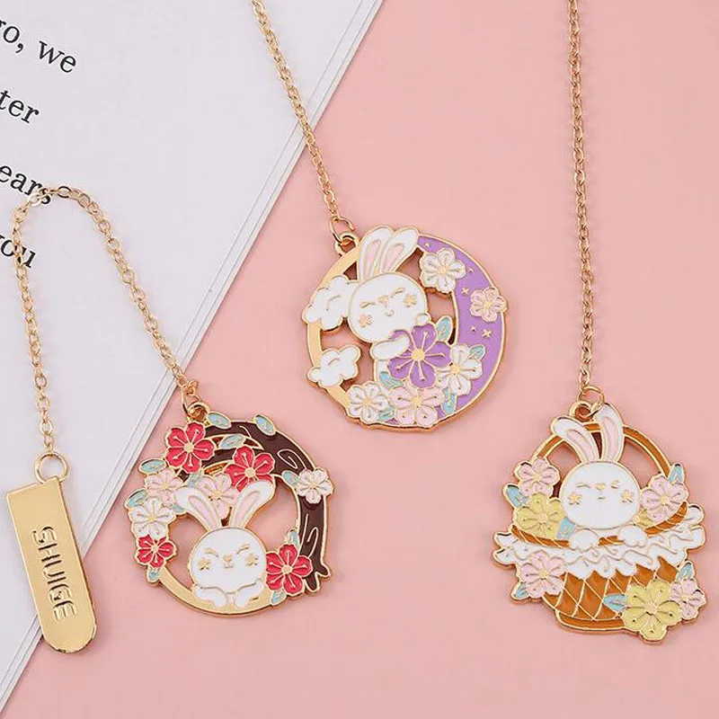 1pc Kawaii Mid Autumn Cartoon Rabbit Bookmark Metal Cute Pendant Book Mark Page Folder Office School Supplies Stationery Prize