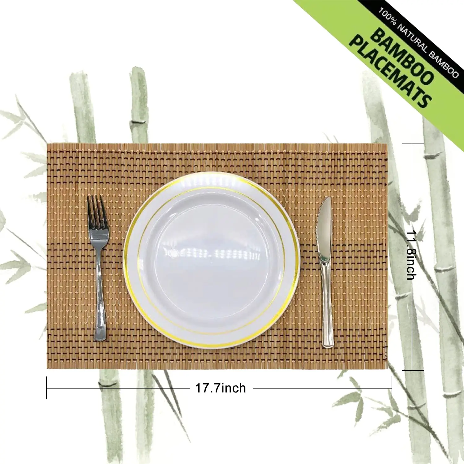Bamboo Placemats Natural Anti-Slip Bamboo Placemats Washable Heat-Resistant Table Mats for Dining Room and Kitchen 12x18 Inch