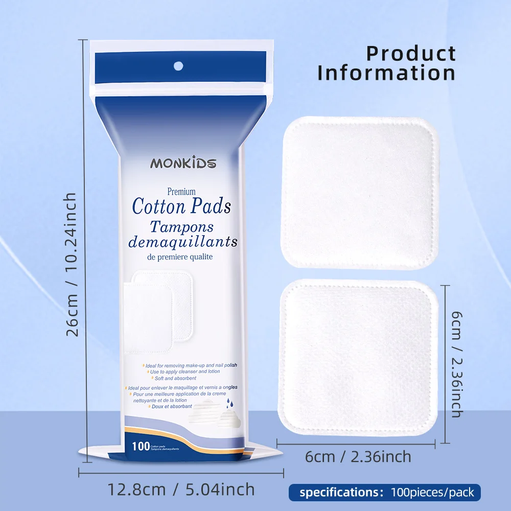 柔らかく通気性のある正方形のメイク落としパッド 100 枚、両面テクスチャードコットンパッド、スキンケアや洗顔に使用されます。
