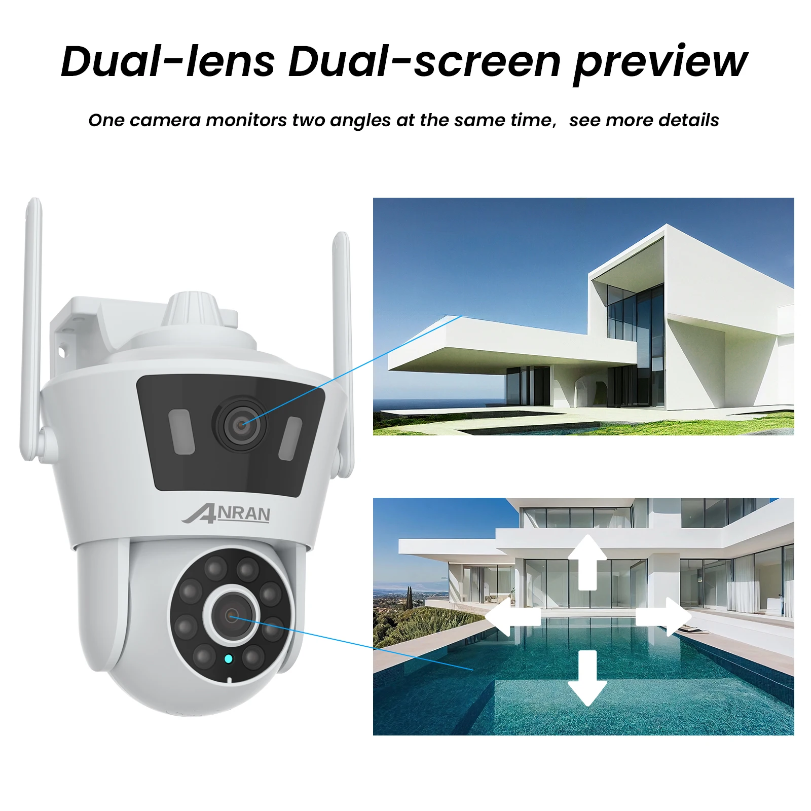 ANRAN 8MP Surveillance Camera Dual Lens Dual Live View Outdoor Wireless Security Wifi Camera Color Night Vision Two Way Audio