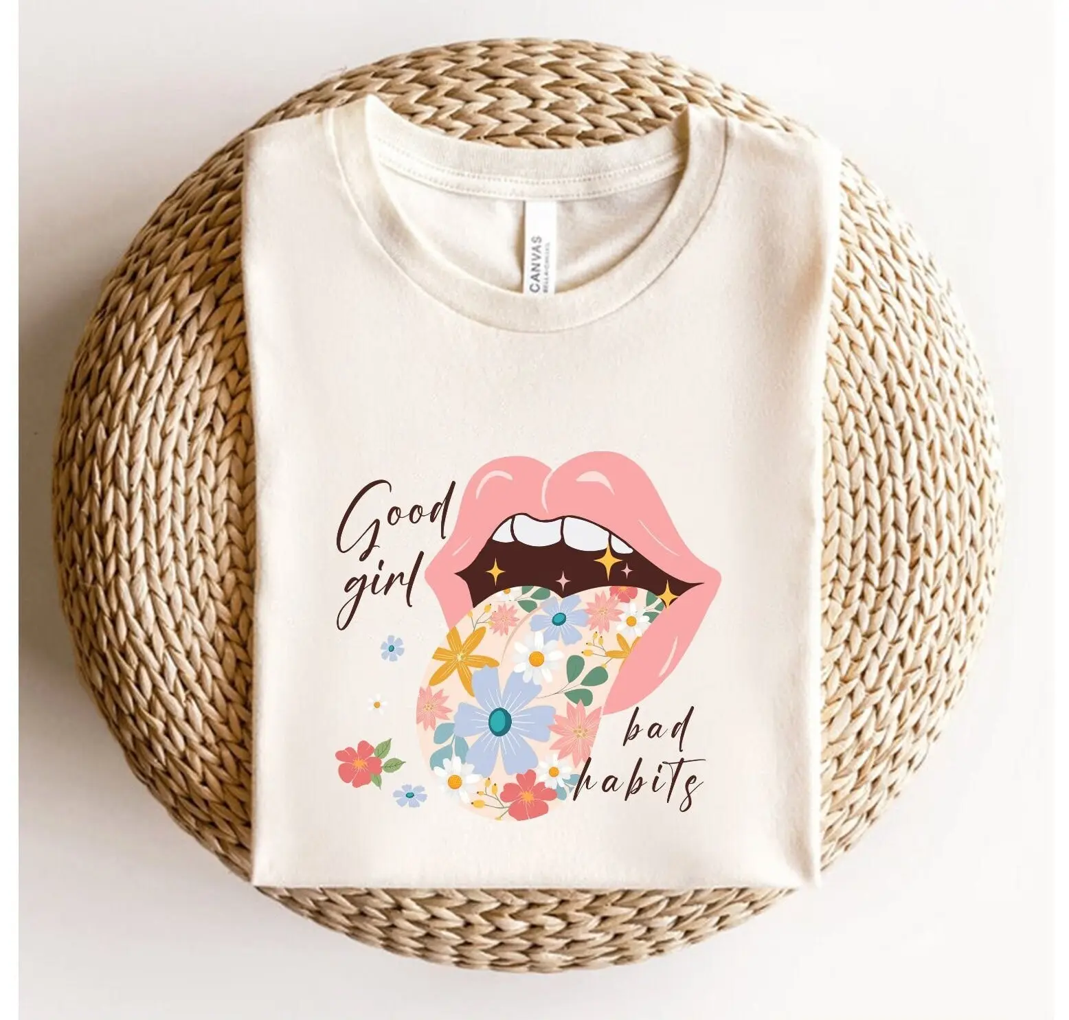 Good Girl Bad Habits T Shirt For Women Floral Boho Best Friend Funny Sarcastic Lips