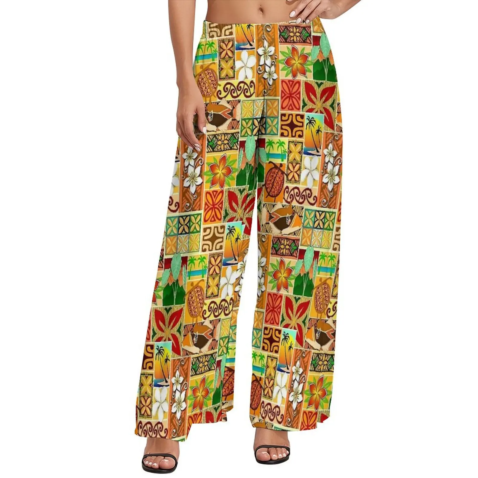 Hawaiian Blocks Pants Ladies Tropical Floral Print Harajuku Trousers High Waist Sexy Wide Pants Gift Idea