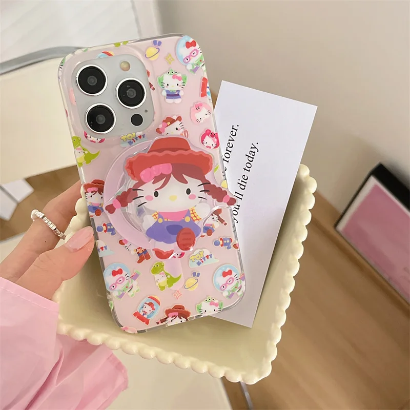 Pink Cute Braided Hair Hello Kitty Cat Magsafe Wireless Charge Phone Cover For iPhone 12 13 14 15 Pro Max Magnetic Stand