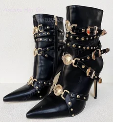 Gold Rivet Buckle Black Leather Calf Boots Women Belt Buckle Pointed Zipper Office Lady Stiletto Party Casual Bordered Shoes