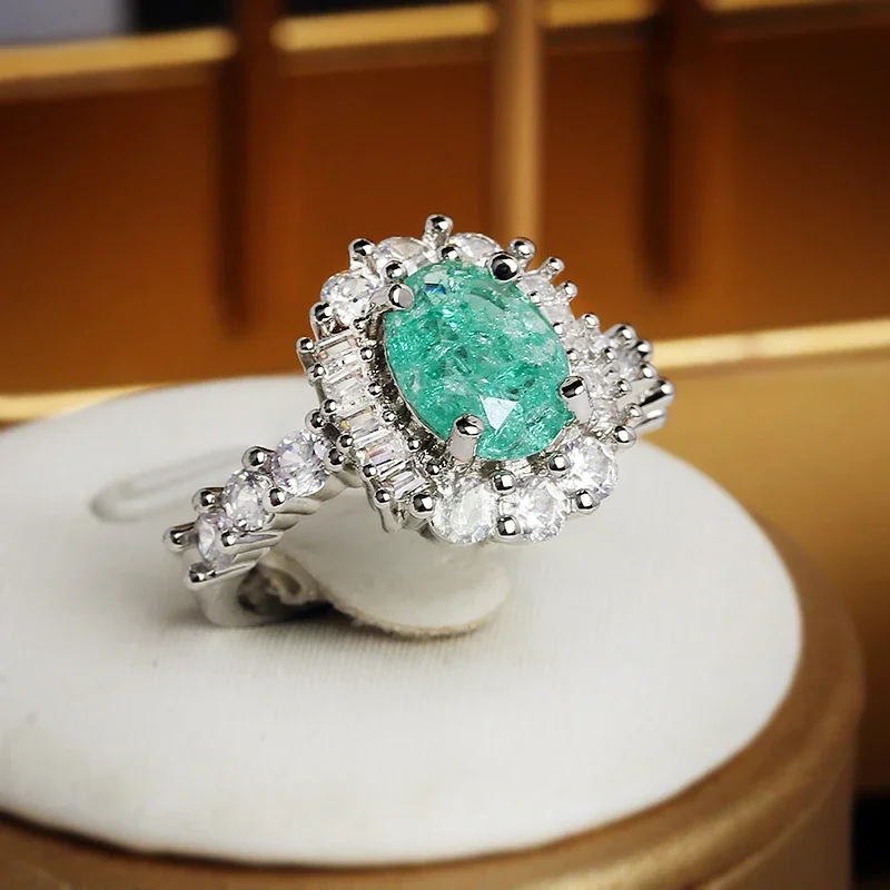 

925 Silver Luxury Paraiba Sapphire Oval Full Diamond Couple Ring For Women Zirconia Valentine's Day Gift Jewelry