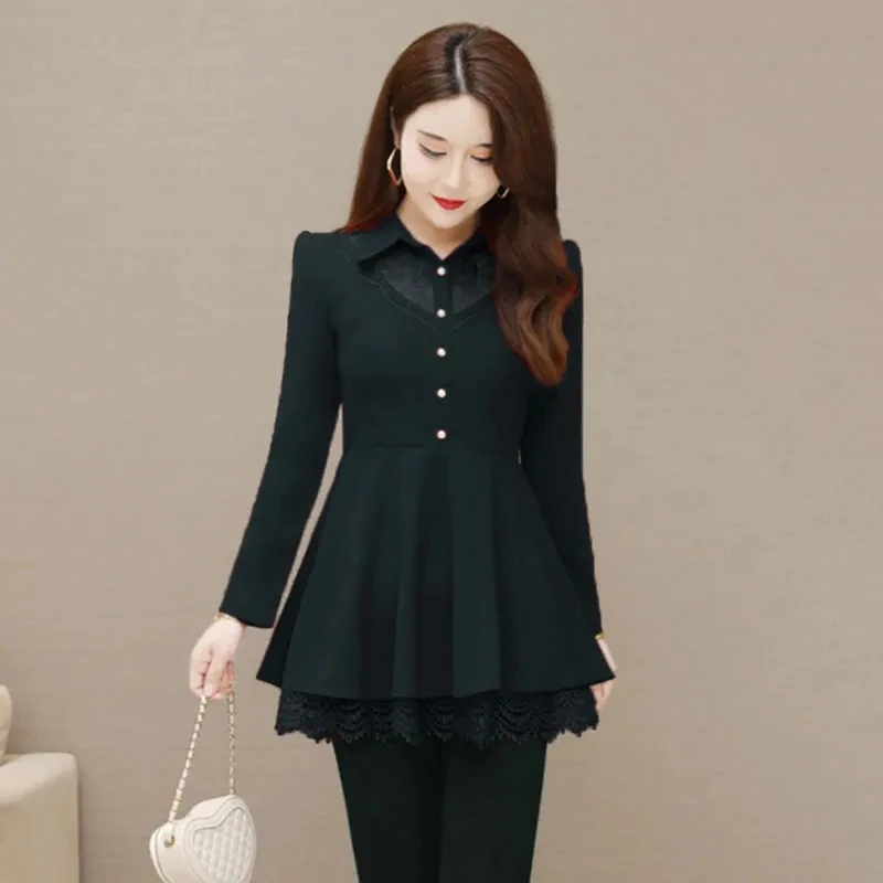 

Spring Autumn New Style Mid-Long Belly Covering Pullover Top Female Lace Blouse Women Lace Base Shirt Long Sleeved T-Shirts