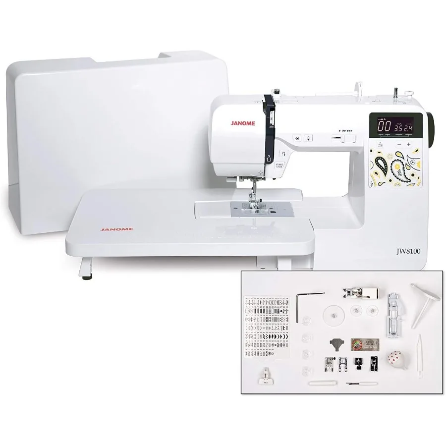 

JW8100 Fully-Featured Computerized Sewing Machine with 100 Stitches 7 Buttonholes Hard Cover Extension Table and 22 Accessories