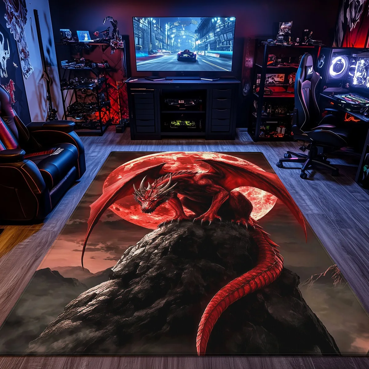 

Red Dragon Blood Moon Mountain Scene Crystal Velvet Rug Fantasy Gamer Room Decor Epic Mythical Creature Living Room Floor Mat