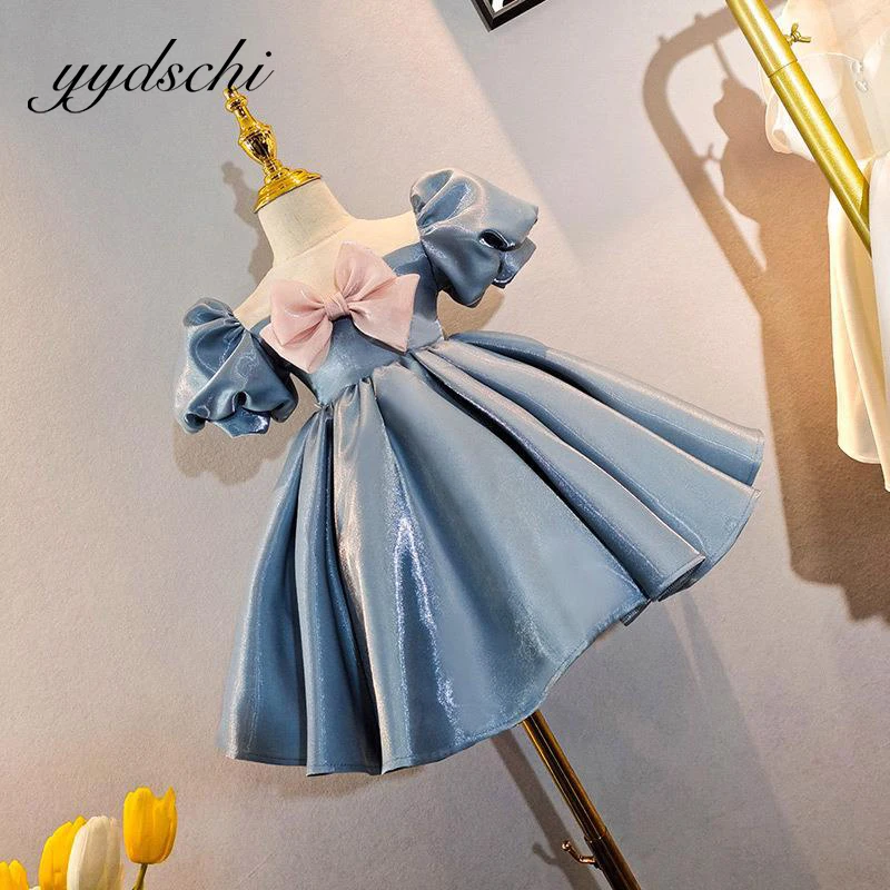 

Sky Blue Ball Gown Flower Girls Retro Court Style Short Sleeves Knee Length Princess Dresses Birthday Party Lolita Dress Chapel