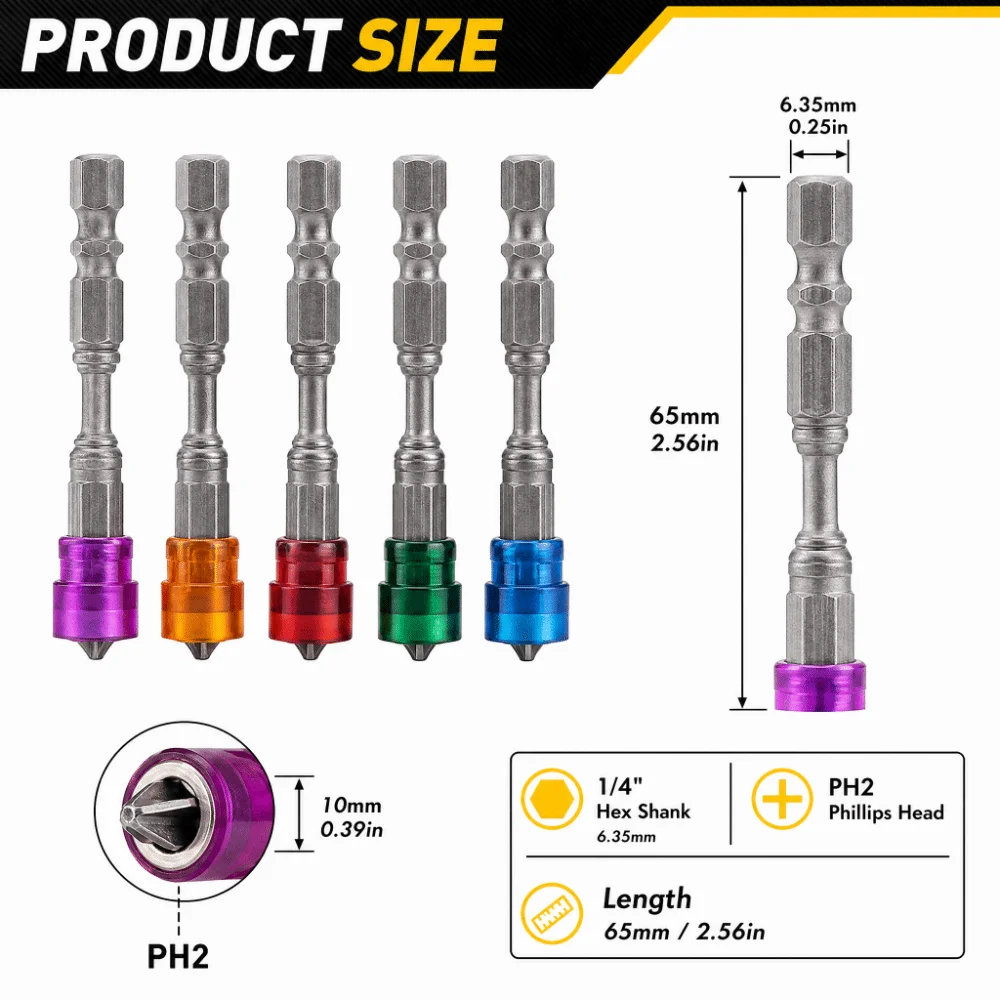 5pcs /10pcs 1/4 Inch Hex Shank Magnetic Screwdriver Bits 65mm Length Red Color PH2 Phillips Head Bits Impact Drill Bits Set