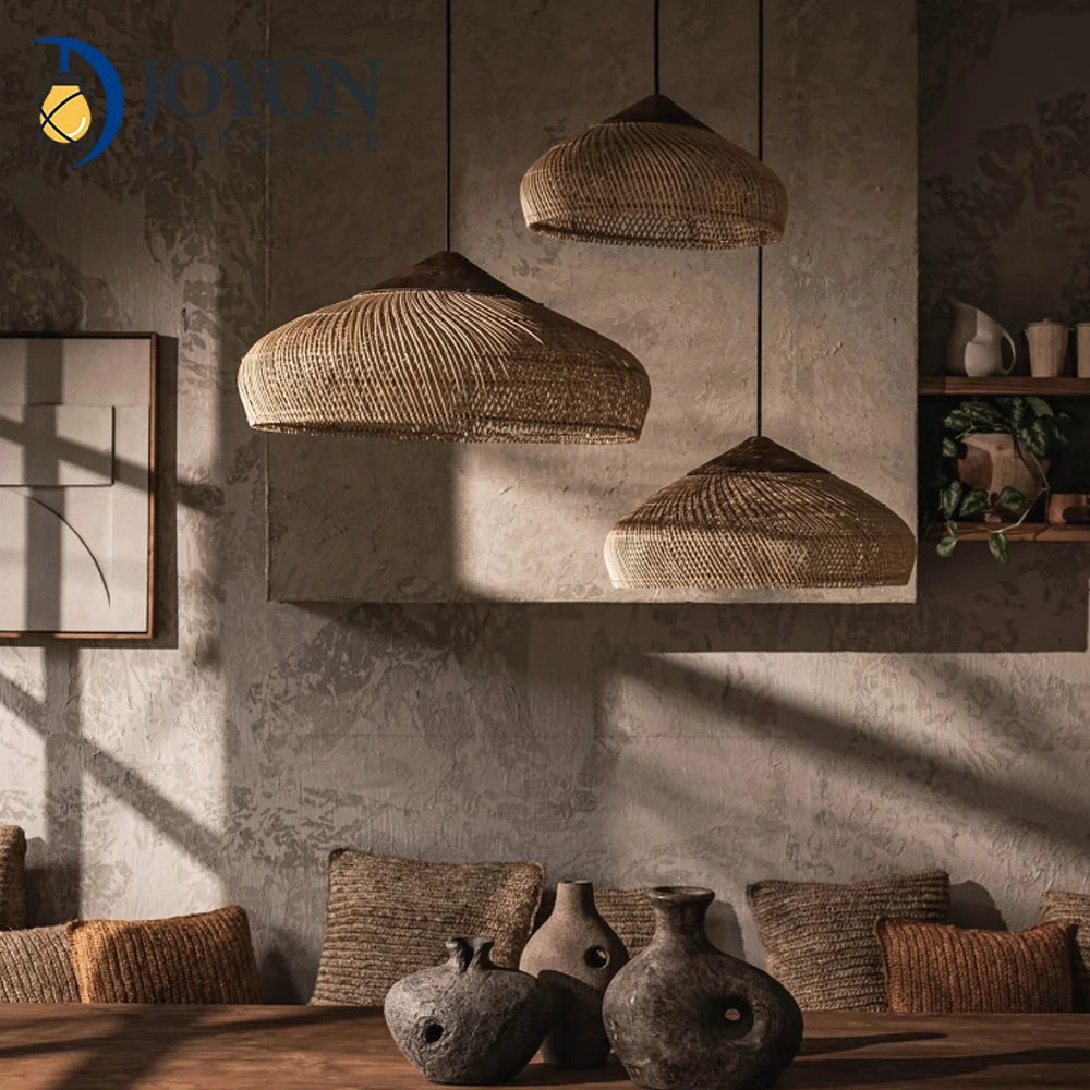 Lampada a sospensione rustica in rattan Lampadario beige Lampada a sospensione a soffitto Illuminazione a sospensione in vimini per sala da pranzo Soggiorno ad isola