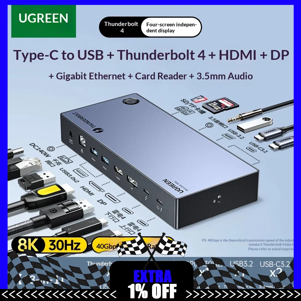 UGREEN 25055 Expansion Dock 4K 30Hz HD +HDR Laptop Docking Stations Typec To DP Projection Screen 40Gbps 3-screen Display 2.5G