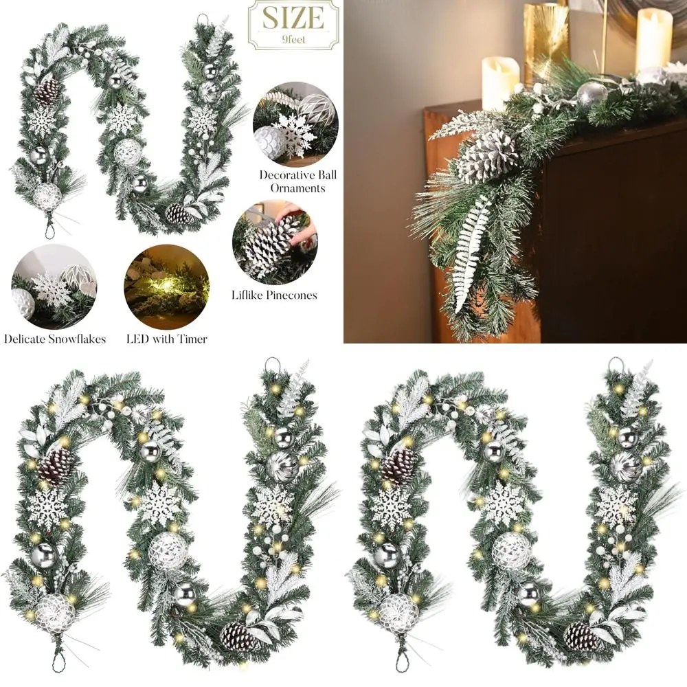 

9-футовая предварительно освещенная рождественская гирлянда с белыми огнями и серебристыми шишками для праздничного декора в помещении и на открытом воздухе