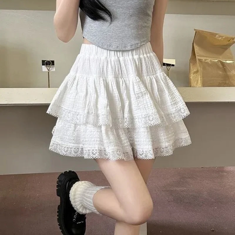 Rimocy Sweet French Cake Skirt Women Summer 2024 New High-waist Anti-Shine Mini Skirt Woman All Match Pleated Lace Skirts Female