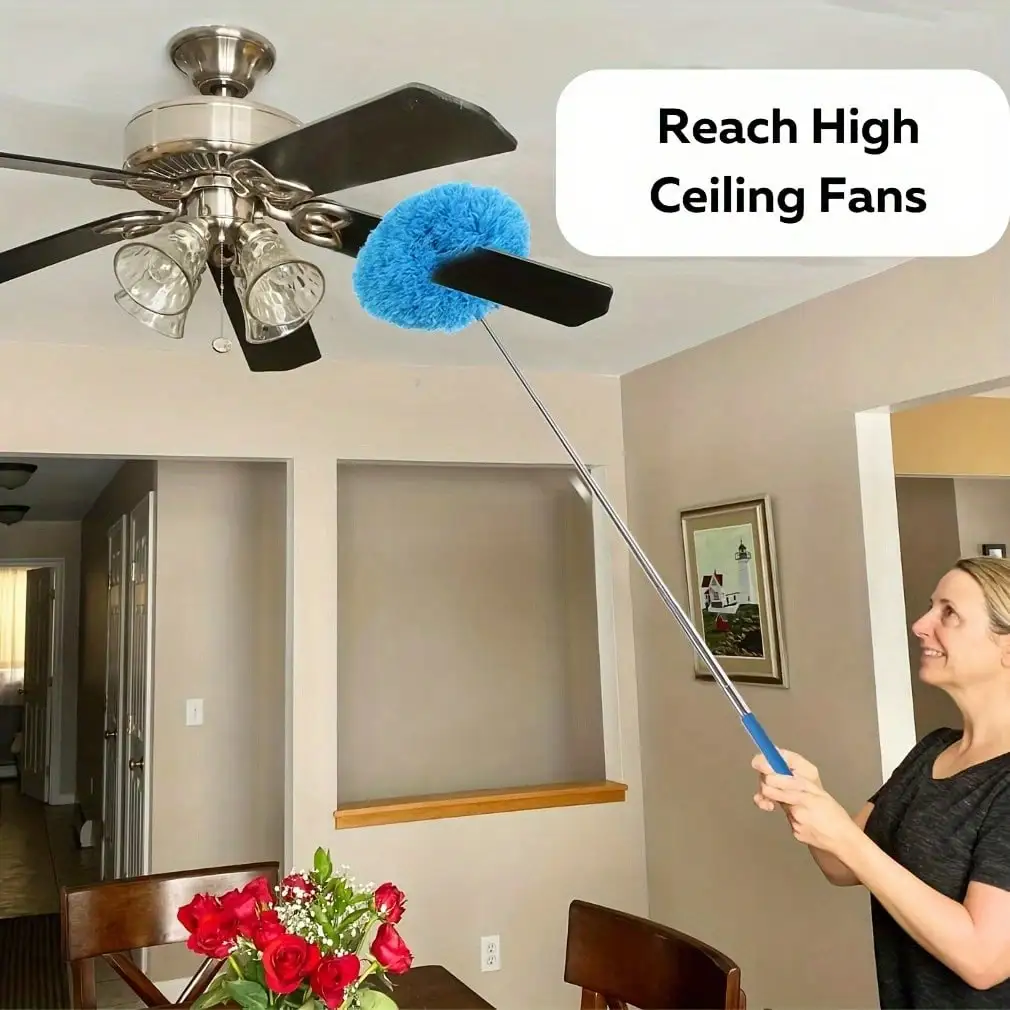 Long Handle Microfiber Ceiling Fan Duster, Dust Locking Reusable Cleaning Brush, Detachable Head, for Home & RV Cleaning, Blue Green Pink Available